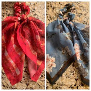 2 Anthropologie Hair Scarf Scrunchie blue pink EUC